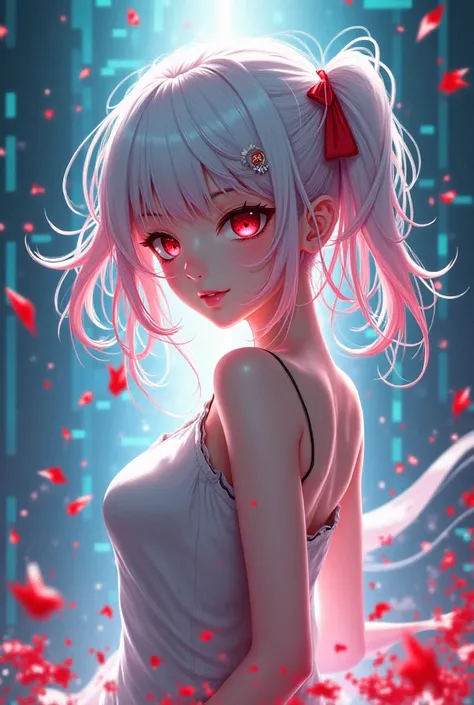 beautiful anime girls, slender body , white and red hair ,  red-eye , she appears in the computer screen