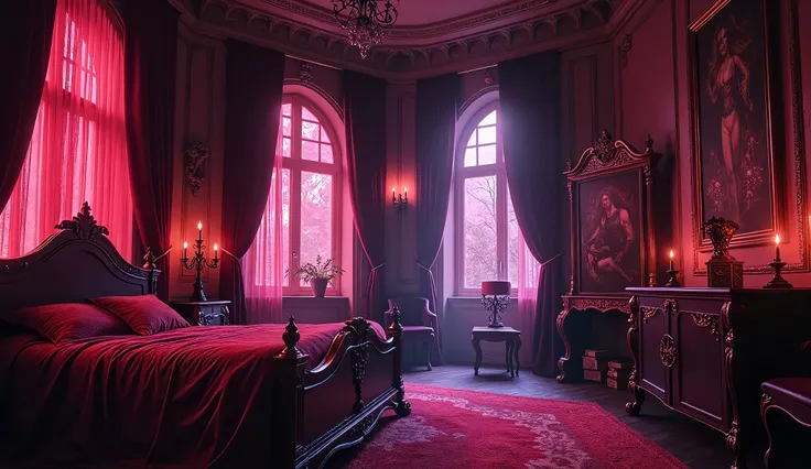 and vampire bedroom and art studio bathed in red, pink, and purple light. Gothic windows, ornate furniture, dark velvet drapes, and towering candelabras. Cobwebs, occult decor, and eerie shadows. Rich red and purple palette, cinematic anime style, moody an...