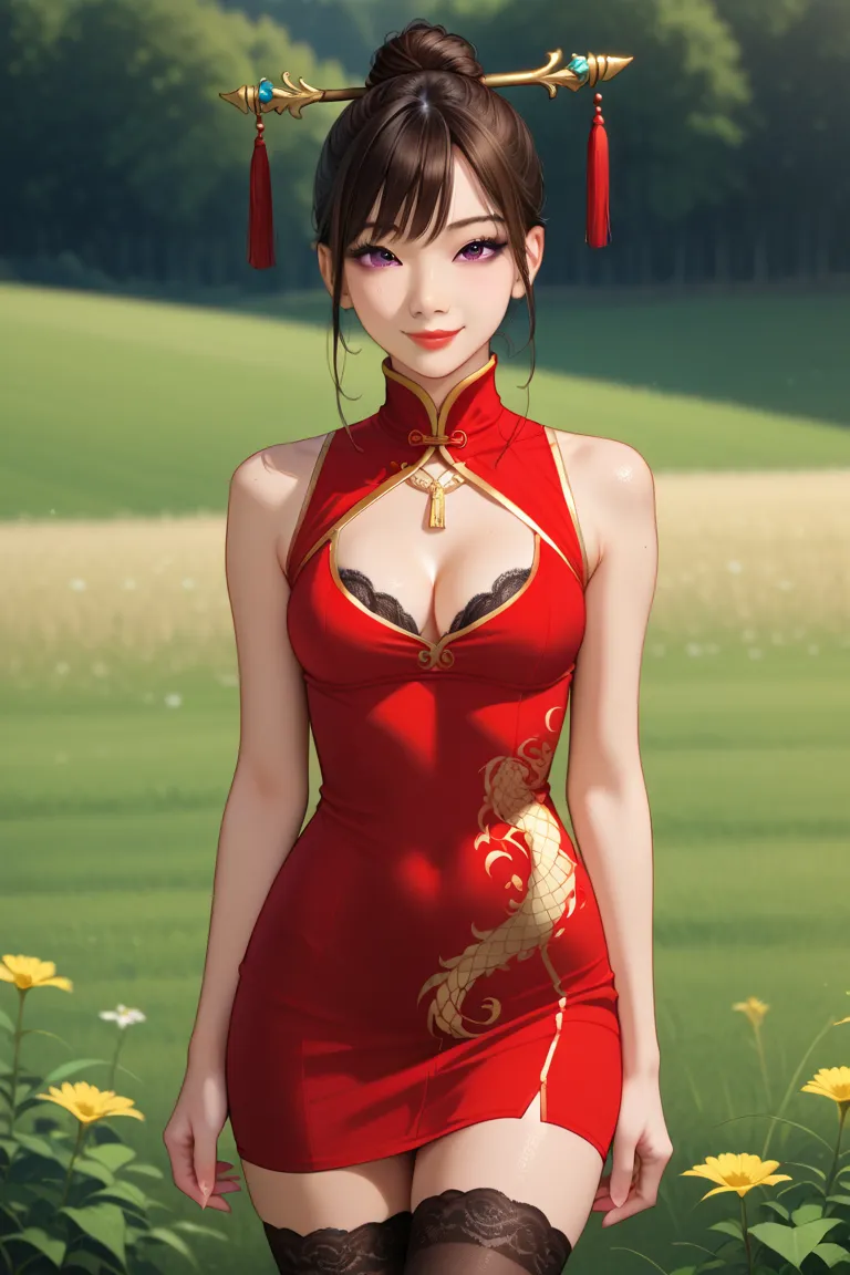 sexy asian woman, (asian face),(small eyelids), asian eyes, smile, red eye shadow, single hair bun, pale skin, hair sticks, skinny, middle body shot, small breasts, slim body, red lips, dark brown hair, bangs on the face, big purple eyes,(red silk dress wi...