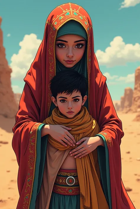 An anime picture of a three-year-old Egyptian Muslim woman wearing a beautiful hijab holding a young man and preparing to slaughter him like a sheep 