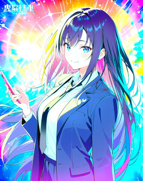 A cute Japanese anime-style female character, smiling, standing in front of a forex trading chart, holding a smartphone with the XM logo, colorful background, soft lighting, detailed shading, modern style