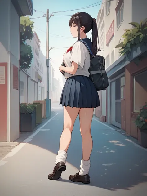 score_9, score_8_ up, score_7_ up, score_6_ up, score_5_ up, score_4_ up,  source_anime ，nsfw， uncorrected， 1 girl, alone, Outdoors,  Oil Skin,  school uniform, street,walk,   loose socks, squats ,