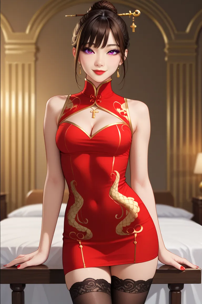 sexy asian woman, (asian face),(small eyelids), asian eyes, smile, red eye shadow, single hair bun, pale skin, hair sticks, skinny, middle body shot, small breasts, slim body, red lips, dark brown hair, bangs on the face, big purple eyes,(red silk dress wi...