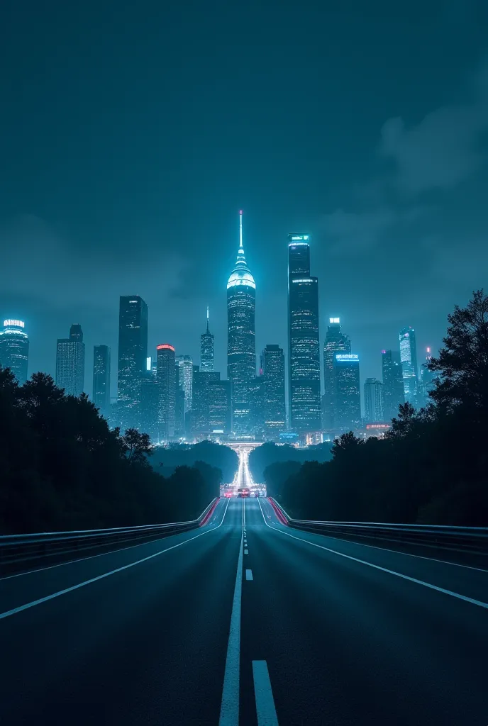 Generate a picture of a night city from a highway with no cars on it