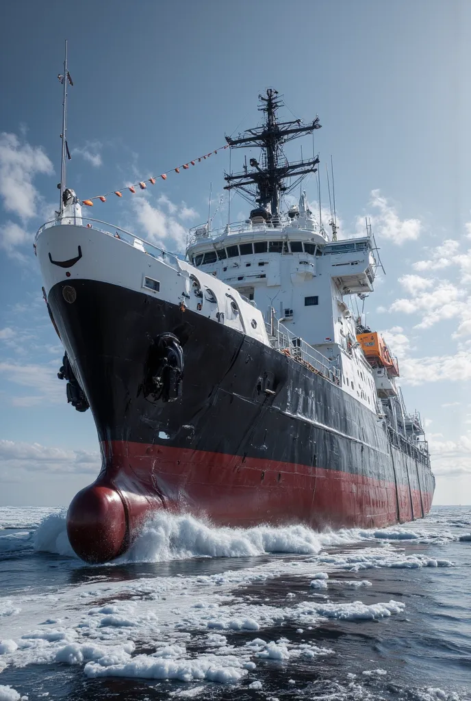 High quality, 8K Ultra HD, Photorealistic rendering of a massive icebreaker with a human smile cutting through the ice of an ocean, with detailed steel texture and a cheerful facial expression on the bow, set in a wide shot of a frozen seascape with icy wa...