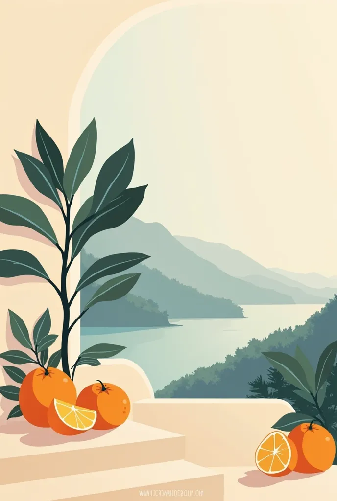 a minimalistic , digital illustration in Italian ornaments reminiscent of Taormina with oranges. The style is modern , stylized, aesthetic and calming