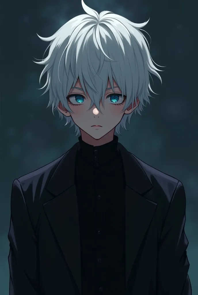 An 18-year-old boy with beautiful white hair, blue eyes, sad wearing black clothes. Alone in a sad night, anime anime