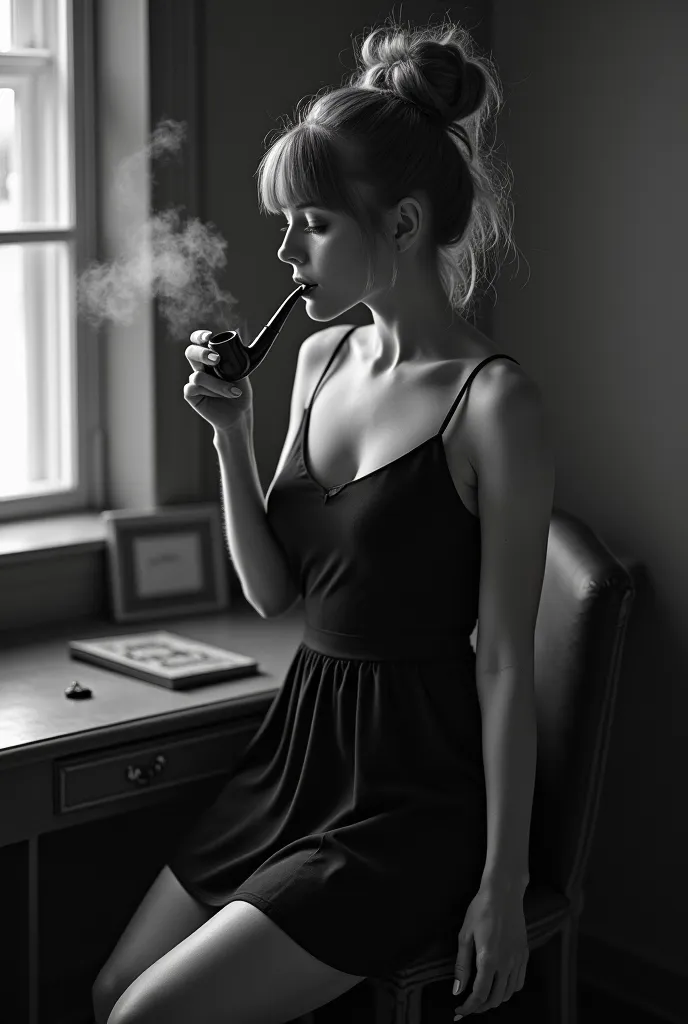 Beautiful 20-year-old girl, red hair in a messy high bun, Bangs, detailed and toned body, femme fatale,  black and white , monochrome , looking at the spectator, A-line dress ,  secretary, socks, smoking a pipe