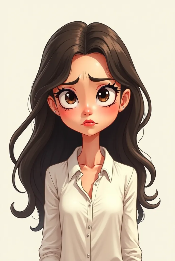 Beautiful cartoon girl, Simple illustration, painted lips and eyelashes, emotion of disgust , seemed to see something nasty, disdainful look, arrogant, long hair, white shirt