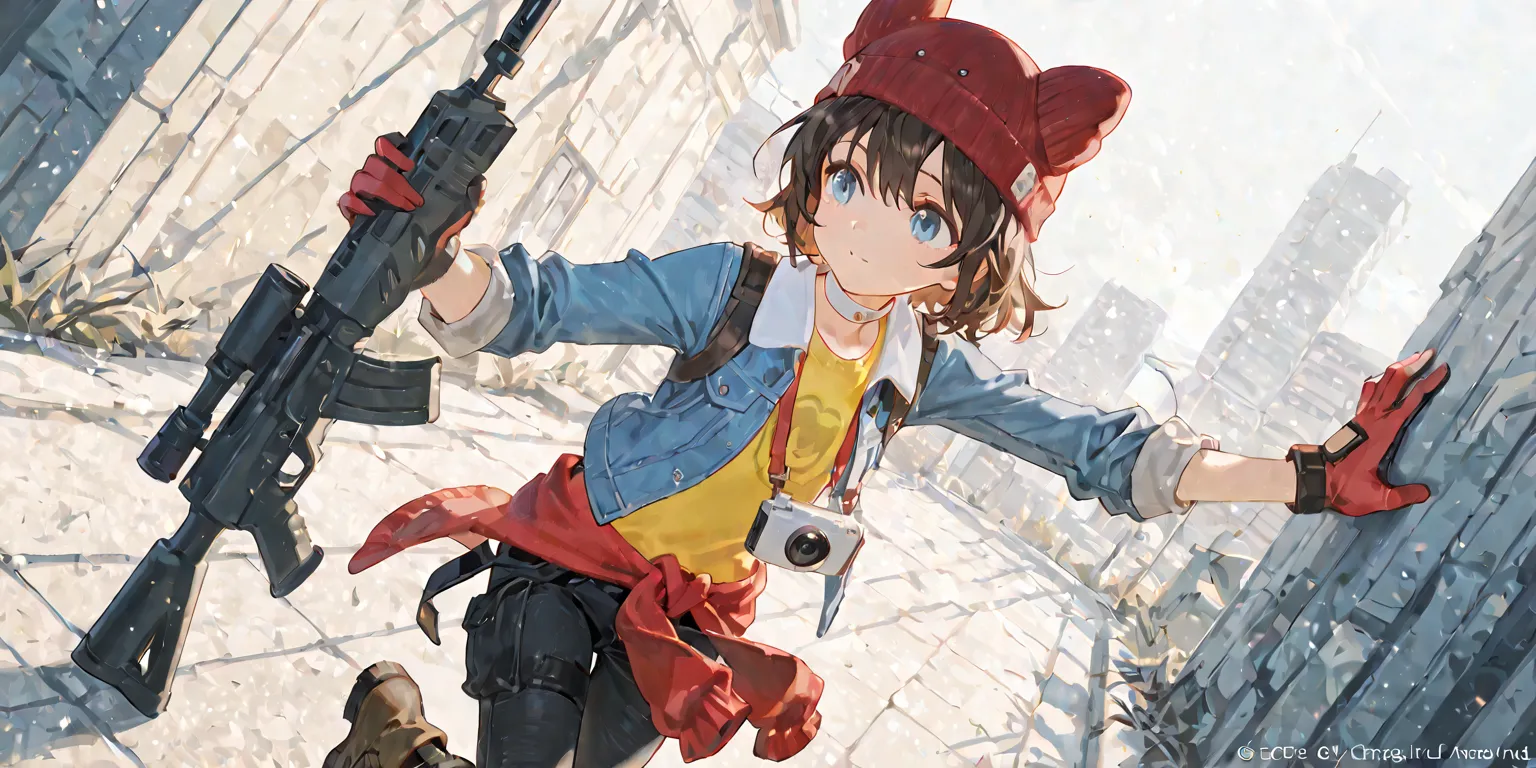 score_9, score_8_up, score_7_up, score_6_up, score_5_up, score_4_up, 4k, 8k, blue denim jacket (white collar),assault rifle, 1girl, solo, young face sky aug rolled-up sleeves,  brown short hair, blue eyes, tight yellow sweatshirt, black slim jeans,  dark r...