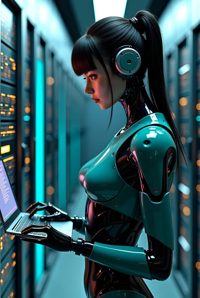 there is a woman in a futuristic suit holding a laptop, cyberpunk art by John La Gatta, em alta no CGSociety, digital art, female cyborg in data center,  portrait of a female android , androide feminino retrofuturista, cyborg girl,  cyberpunk robot , Cyber...