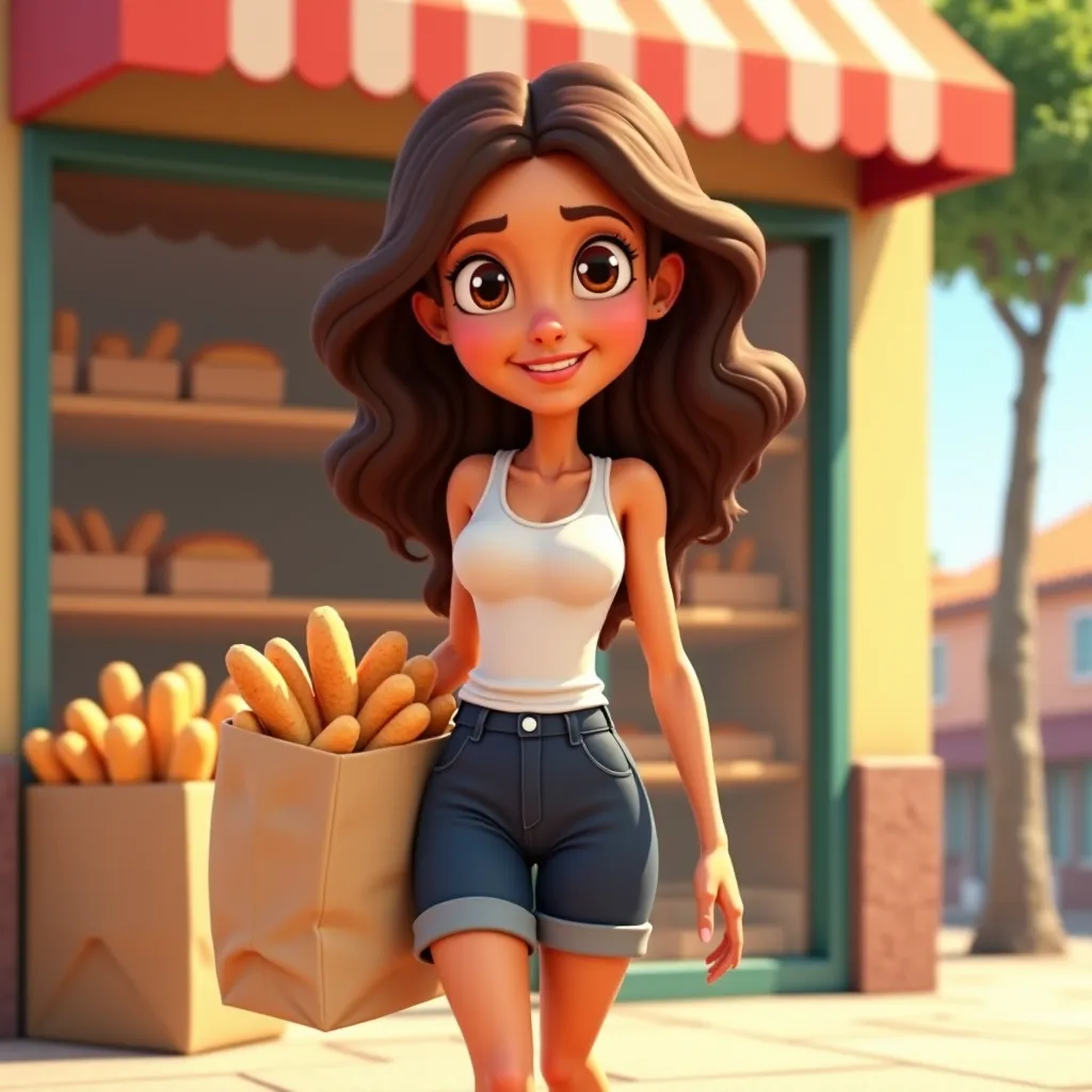 **Cartoon-style Prompt in Toon Boom Harmony:**  

**Scene:**  
A **beautiful 27-year-old woman** with **light tan skin** and **long curly brown hair** stands in front of a small bakery on a lively street filled with shops. She is wearing a **white sleevele...