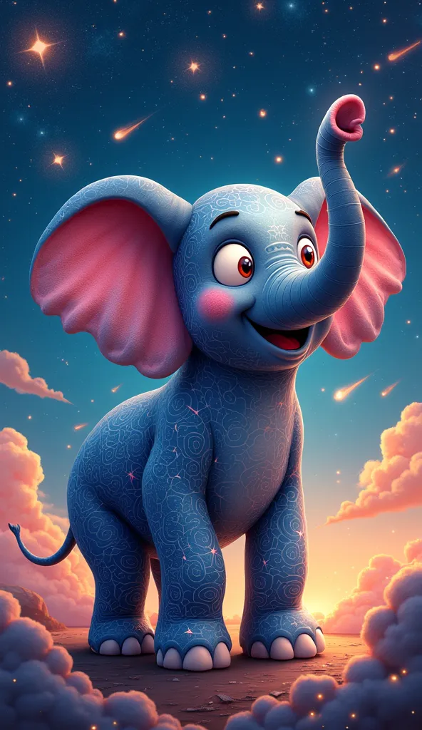 Cute elephant cartoon 3D arms raised cheerful eyes looking at viewer standing made of starry night patterns cosmic landscape background comets streaking 4k detailed texture celestial.