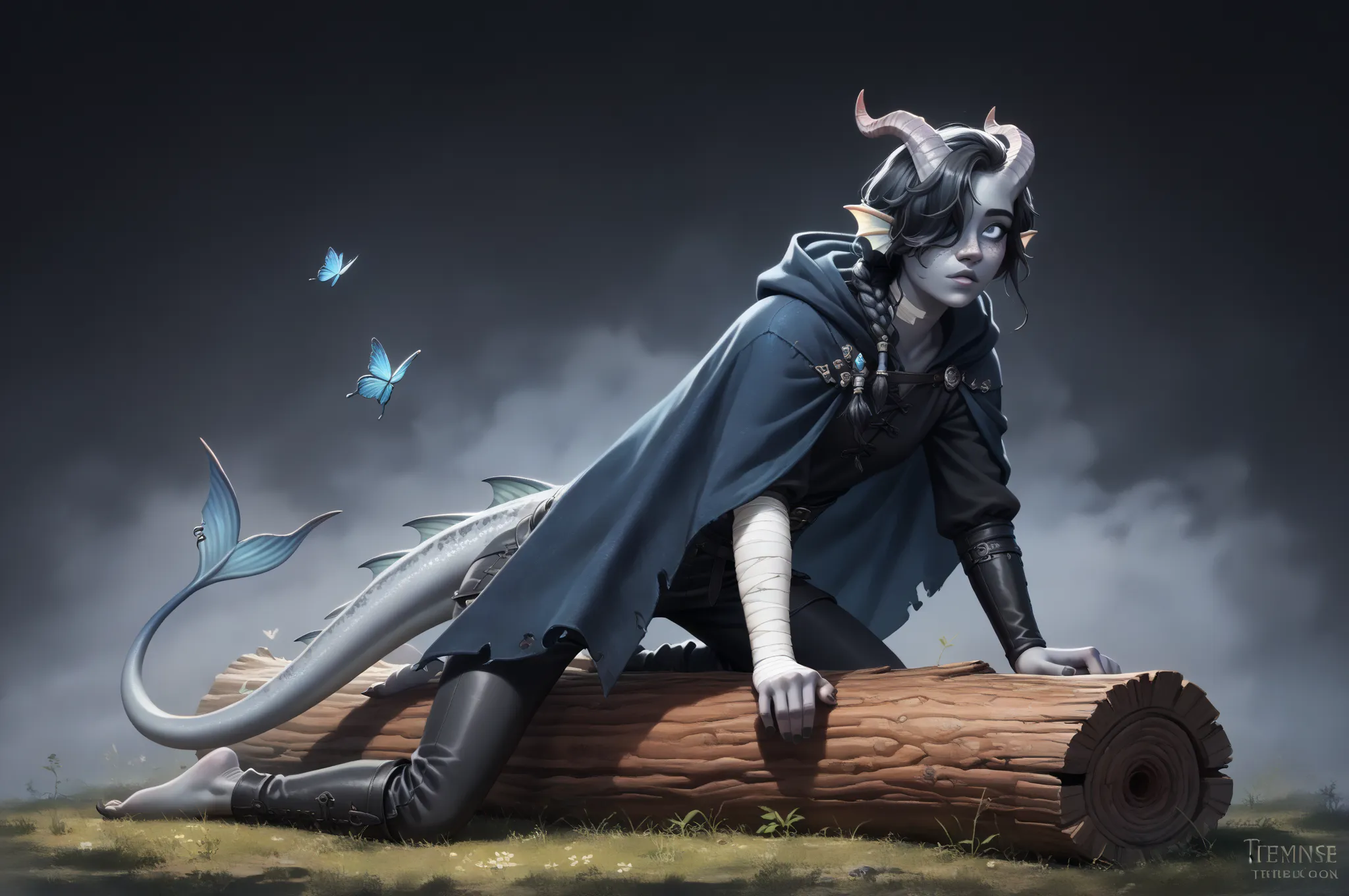 (1 adult Tiefling girl,  dark blue-gray skin :1.7), (35 years old:1.5), (black hair covers one eye:1.2), (a curl of medium-length black straight hair covers the left eye:1.5), (from left to right, he lies lengthwise on his stomach on top of a log, hanging ...