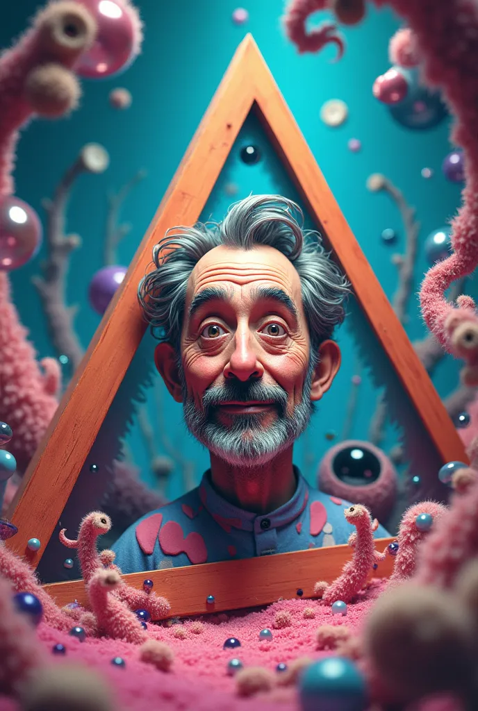 Create a tetrahedron with the image of Dr. Seuss and a very colorful and psychedelic background 