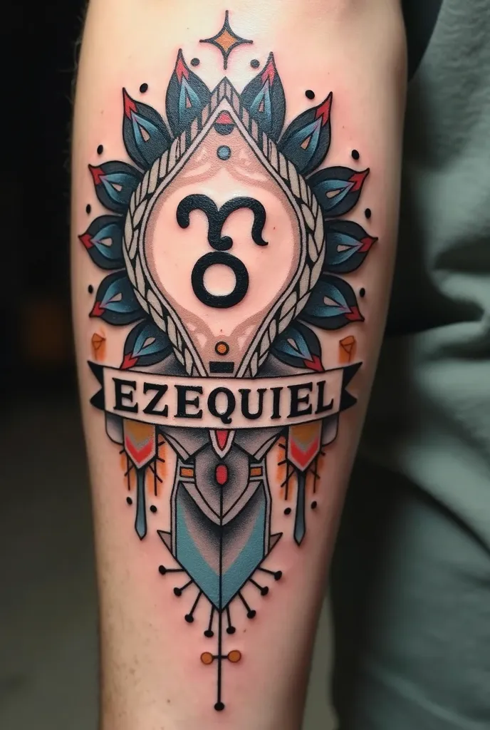 I want you to generate an image for a tattoo that represents my name Ezequiel, My Aquarius sign and my Argentinian national sign 
