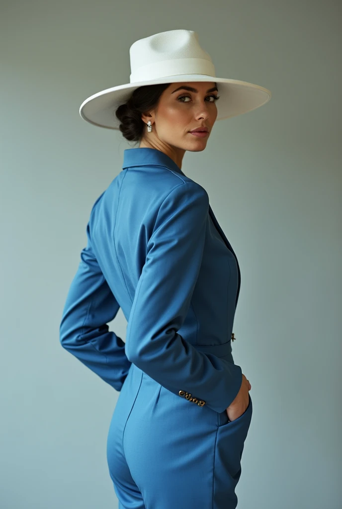 woman in blue pants, White Major Cup hat 