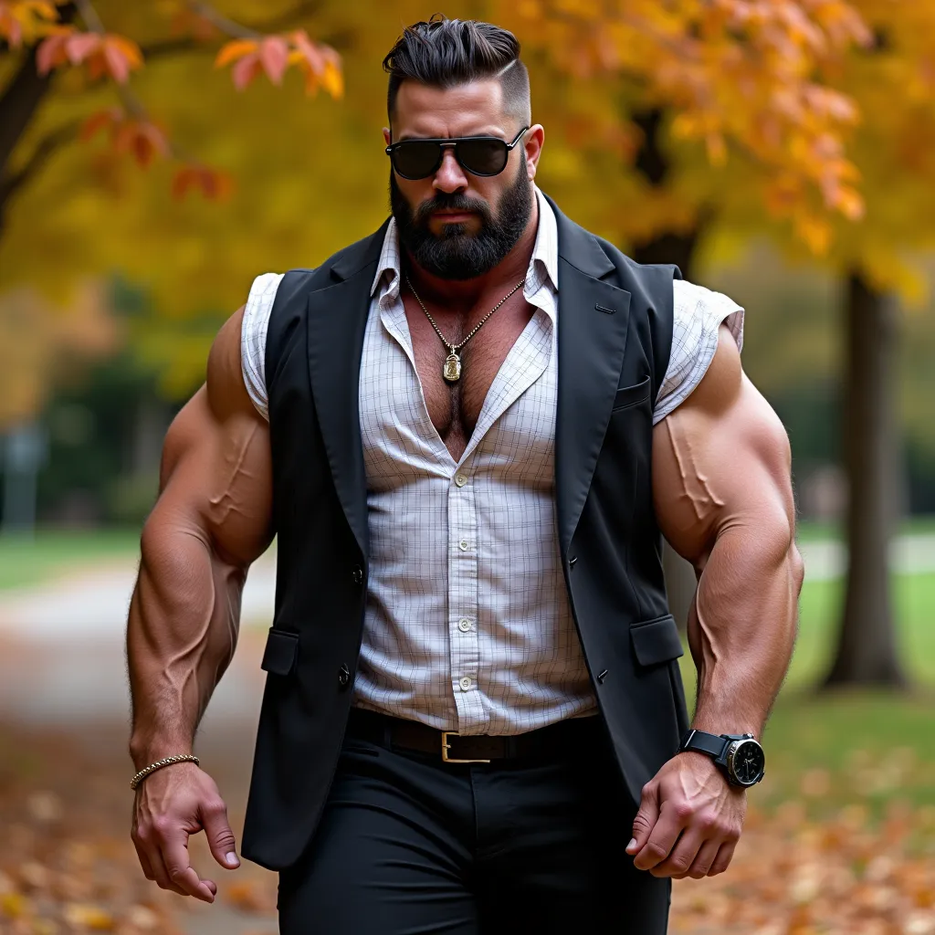 This photograph captures a young man with an exceptionally muscular large physique, hyper realistic man,showcasing extremely huge exaggerated muscles, especially in his arms, legs and chest and a neatly trimmed beard. Hairy chest, The man is dressed in a c...