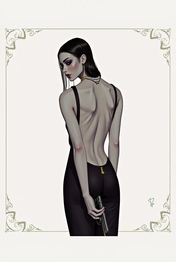 A realistic digital illustration, Illustrated version,  a beautiful young woman with fairly large hips, with her back with very long straight black hair on the side of her shoulder, wearing a long black dress with a fine gold chain belt around her waist, t...