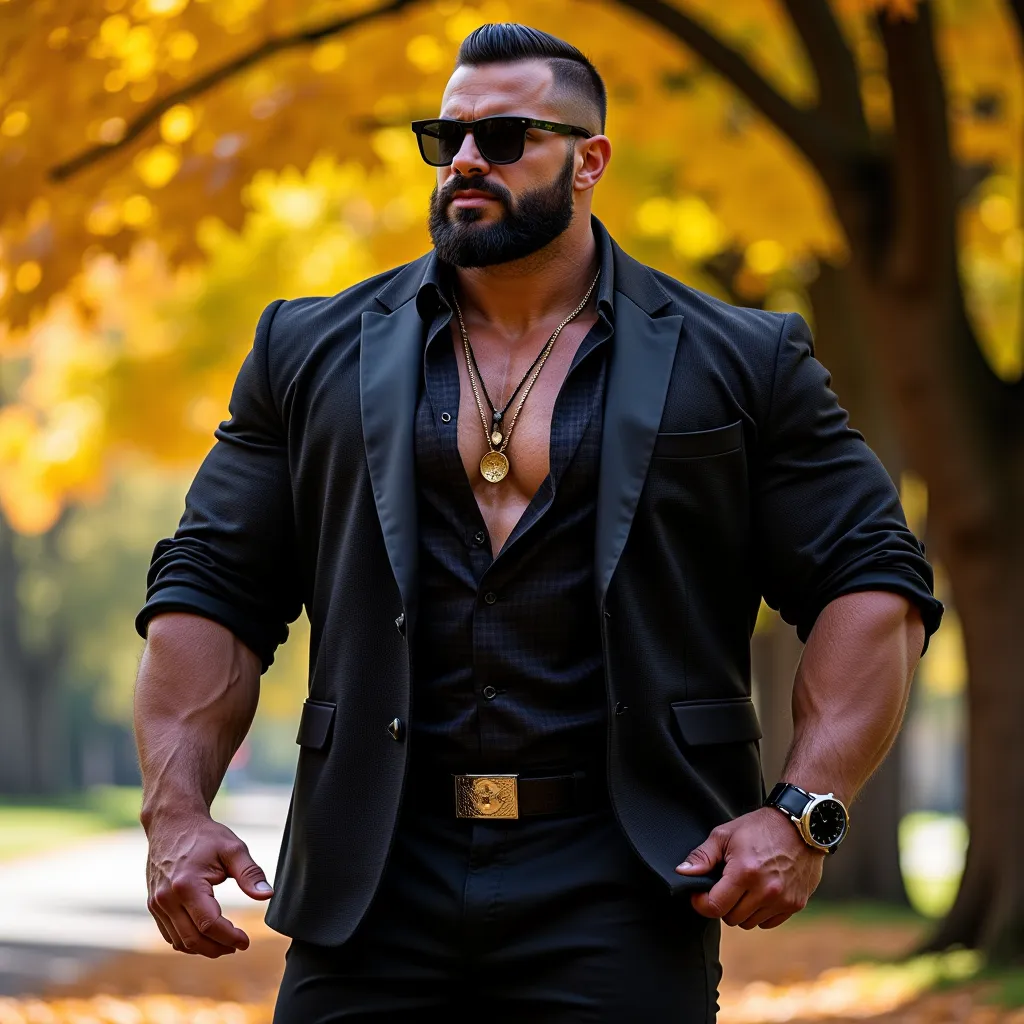 This photograph captures a young man with an exceptionally muscular large physique, hyper realistic man,showcasing extremely huge exaggerated muscles, especially in his arms, legs and chest and a neatly trimmed beard. Hairy chest, The man is dressed in a c...