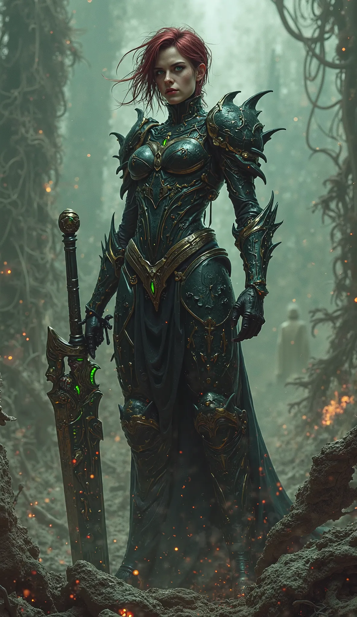 Create a highly detailed and atmospheric image in the style of H.R. Giger, infused with elements reminiscent of Clive Barker's "Hellraiser." The central figure is a dark warrior, a fierce and formidable combatant who embodies strength and resilience. She w...