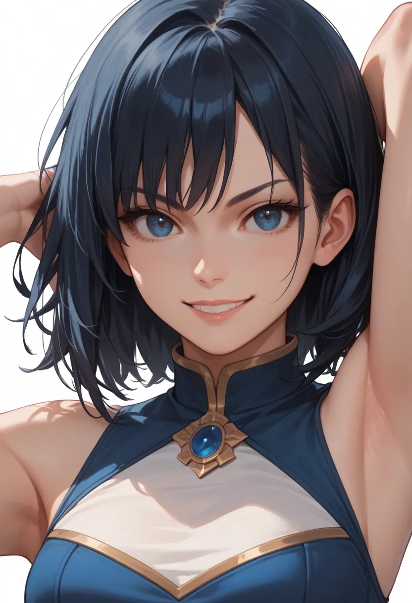 score_9, score_8_up, score_7_up,source_anime, high res image,masterpiece,best quality,girl,cute face,clear skin,dark blue medium hair,bust up,armpit,smirk,