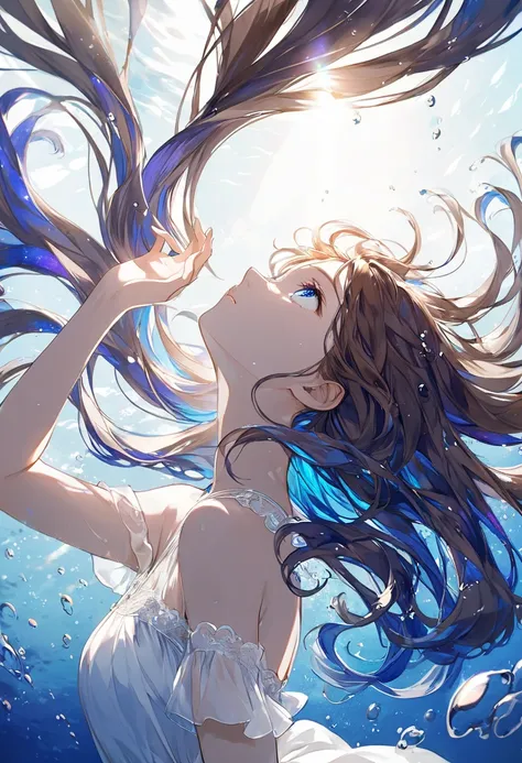 adult cisgender female, long dark brown hair, blue eyes, galaxy color highlights in hair, underwater, hair flowing in water, looking upward, serene expression, lost in thought, reaching upward, wearing white dress, view from the side, high contrast, dynami...