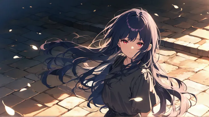 An anime girl s, with dark blue hair, red eyes, Floor with paving stones, chronicle