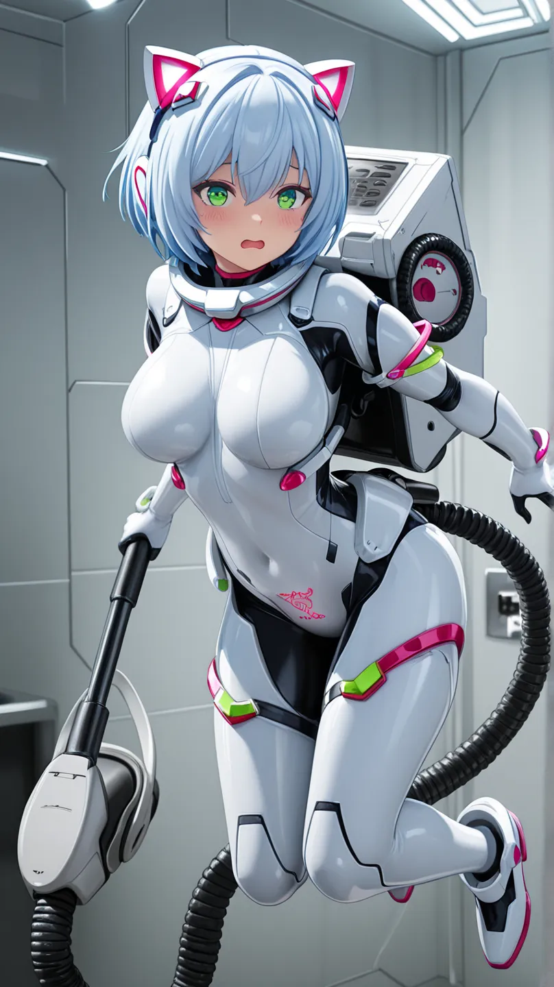 1girl,light blue hair,short hair,green eyes,solo,she in white sleek bodysuit with black joint and gray joint accents,floating midair in zero gravity,from front view, looking at the viewer with a flustered expression,open mouth,wide eyes,wearing cat-ear hea...