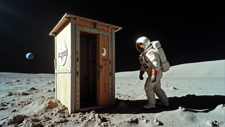 Create a highly realistic yet comical image of an American astronaut in a full NASA spacesuit stepping out of a makeshift outhouse on the Moon, just as his Lunar Module is blasting off without him. His posture is frozen in comedic disbelief, one gloved han...