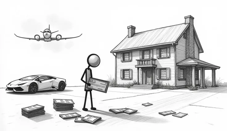 A hand-drawn sketch of the same stick figure athlete from the previous scene, now standing in front of their mansion, which is visibly smaller and less impressive. The athlete is holding an empty wallet, with a sad expression. Around them, piles of unpaid ...