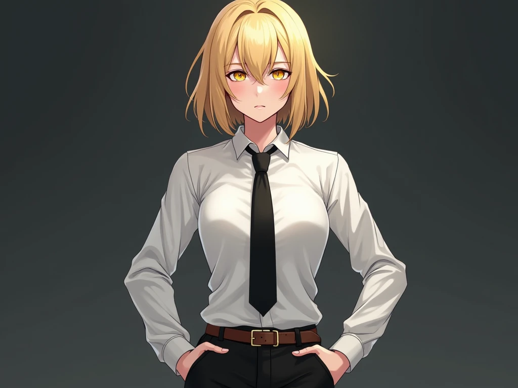 The character has blond hair, bob and yellow eyes, wears a formal white shirt with a black tie and black pants, making it look clean and sharp. In addition, there is a brown belt around the waist ready, which conveys a detective or explorer theme, the expr...