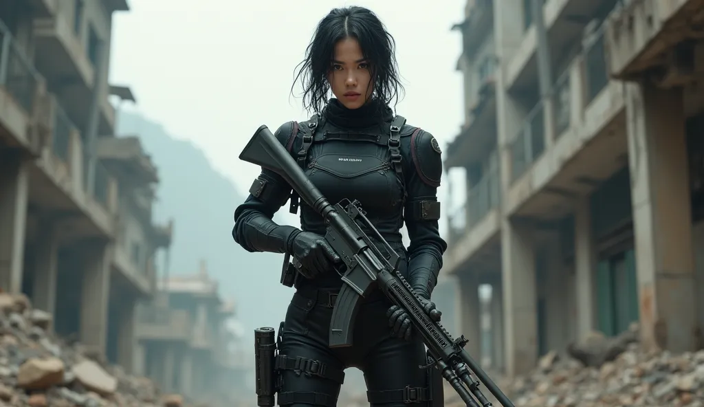 an angry beautiful Chinese mercenary with big guns with short wavy wet hair in tight black clothes against the background of a ruined city