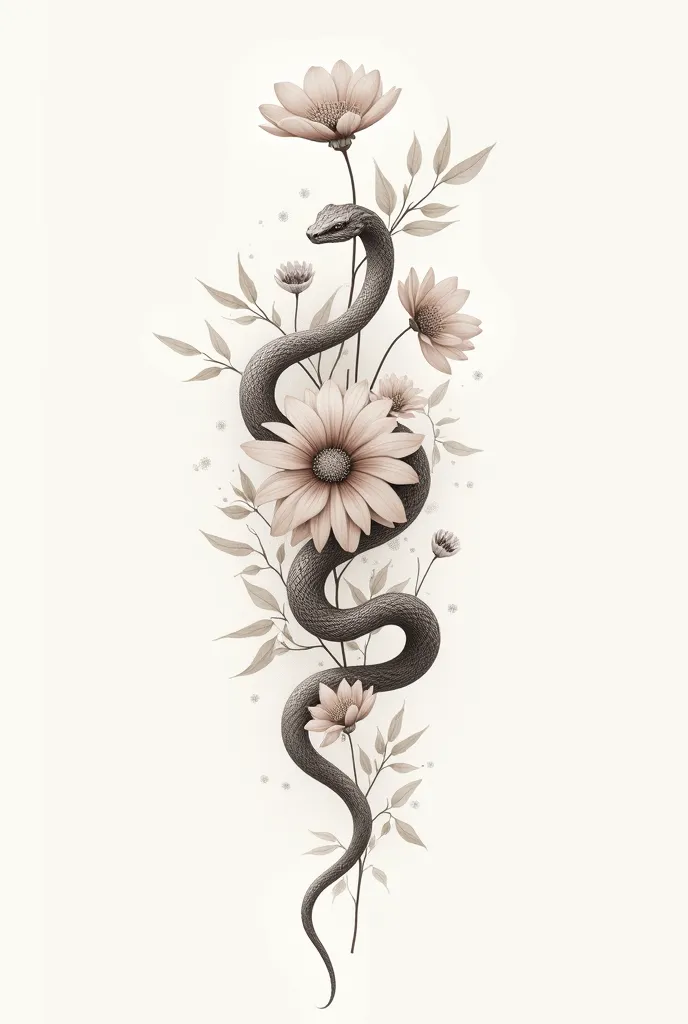 Tattoo sketch, lush delicate flowers and a snake 