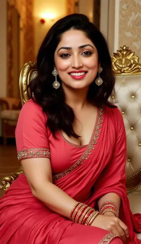 a full-HD, hyper realistic body shot of a newly married Indian woman in her late 20's with long, wavy, dark black hair, styled in stylish braid and loose waves and two loose hair strands falling on each side of her face making her look more cute and gorgeo...