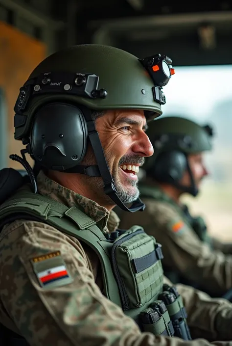 Israeli man, modern combat helmet typical of the Israeli army, modern combat uniform typical of the Israeli army, bulletproof vest typical of the Israeli army, pose sitting in the cockpit of a typical Israeli army combat vehicle, driving a typical Israeli ...