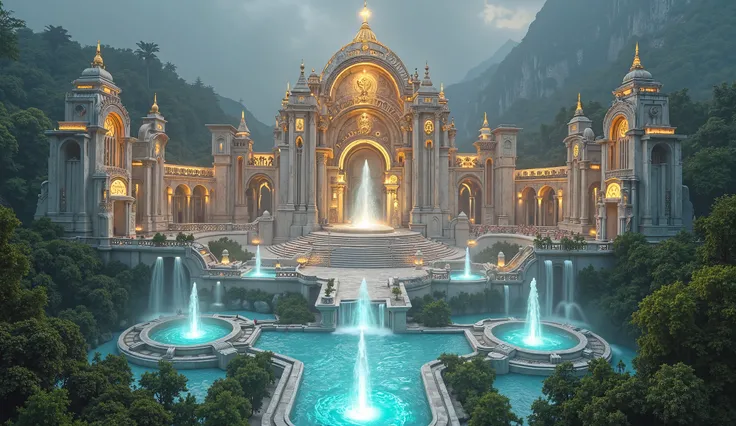 A bird view of a majestic angelic kingdom, with shimmering waterfalls. Glowing celestial runes adorn marble structures, a grand palace at the center shines with divine energy, surrounded by lush gardens and glowing crystal fountains, embodying purity and p...