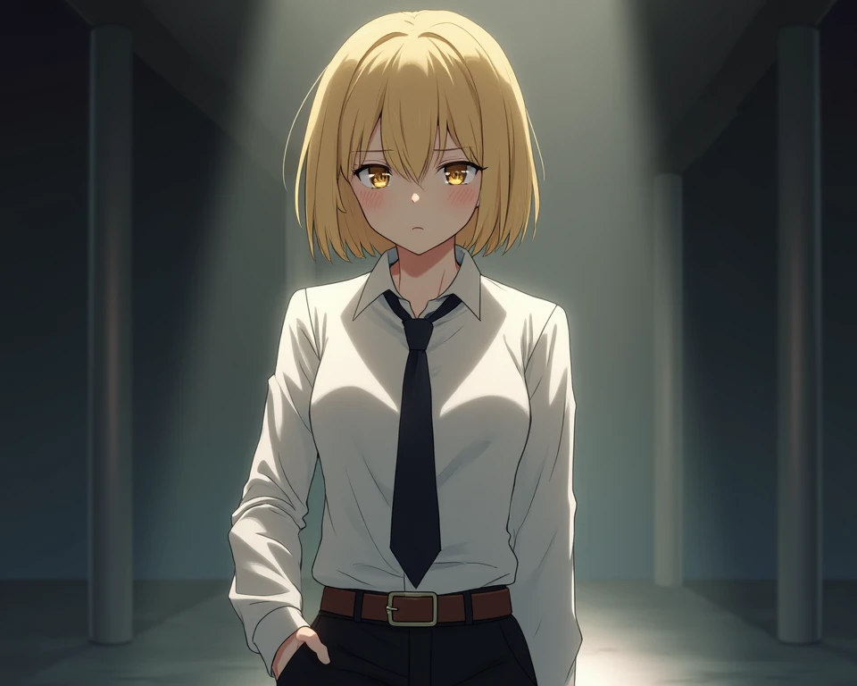 The character has blond hair, bob and yellow eyes, wears a formal white shirt with a black tie and black pants, making it look clean and sharp. In addition, there is a brown belt around the waist ready, which conveys a detective or explorer theme, the expr...