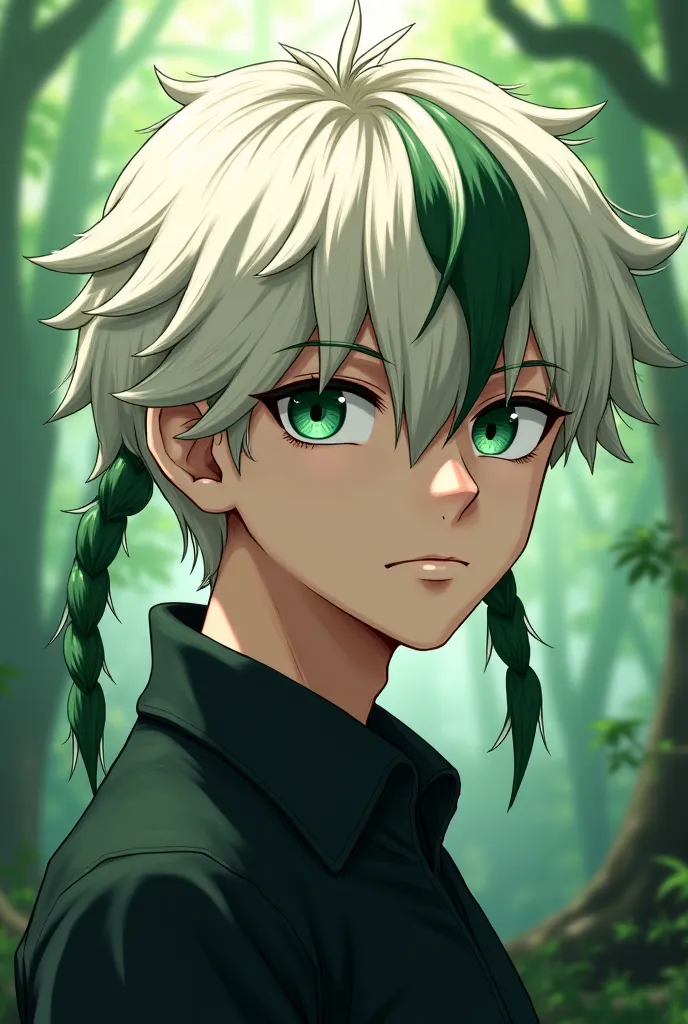 (anime style poster.)) 

A young man (( attractive)) ((Dominant-looking)) ((Serious)) with dark green eyes and albino hair with dark green locks of hair ((that represents a being from nature or the forest)) ((style poster May it be a mythological being of ...