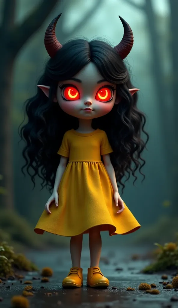 
A  girl with an eerie yet captivating appearance stands in a dimly lit, mysterious environment. She wears a beautiful yellow frock and matching yellow shoes, giving her an innocent yet unsettling charm. Her thick, curly black hair cascades down her should...