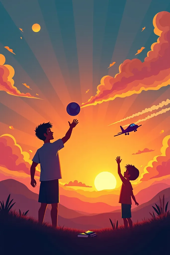 Create a sunset where you can see the silhouette of a man and a boy, a ball in the air, an airplane and a book, that has an animated style 