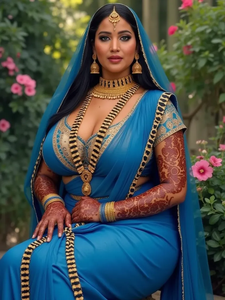 FULL BODY , in MEHANDI HENNA  ON BOTH HANDS AND LEGS,blue saree,Indian hosewife In Veil ,curvy, busty and showing her deep showing cleavage inside blouse and big Nose Ring, many bangles in both hands,Earings, Necklace ,dark shade Lipstick ,Navel,Indian, sh...