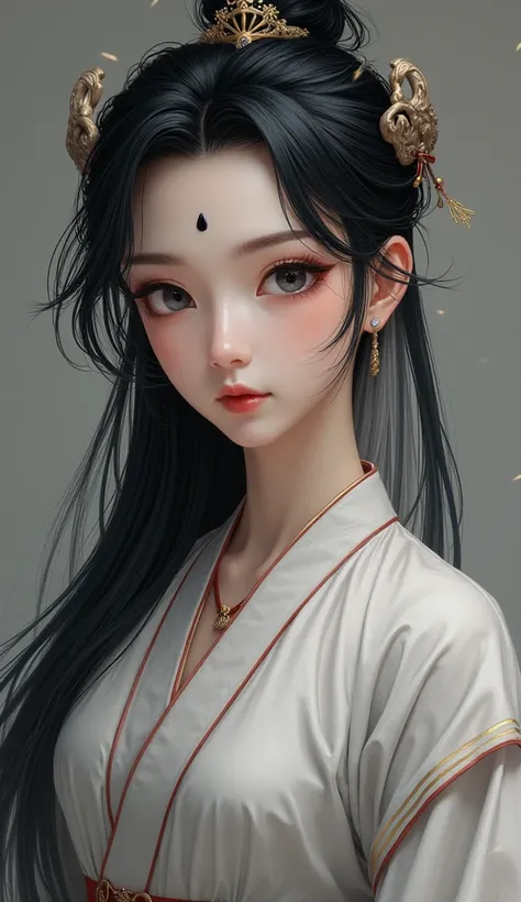 Right side of her hair is white and the left is black, mature woman, right iris is black and left iris is white, 195cm, muscular lean body, small black circular mark in the middle of forehead, xianxia, Chinese traditional clothes, shoulder length hair, fan...