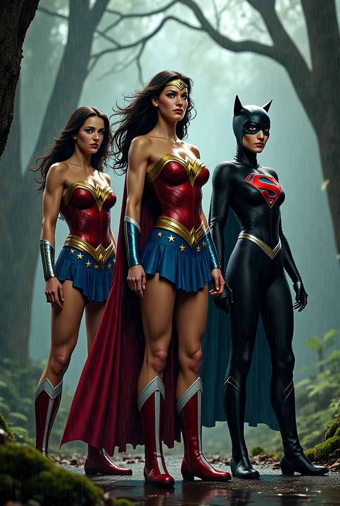  Wonder Woman, Super Girl and Catwoman in the rain and being very cold and with lots of trees in the background.
