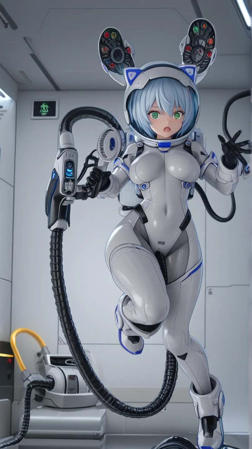 1girl,light blue hair,short hair,green eyes,solo,she in white sleek bodysuit with black joint and gray joint accents,floating midair in zero gravity,from front view, looking at the viewer with a flustered expression,open mouth,wide eyes,wearing cat-ear hea...