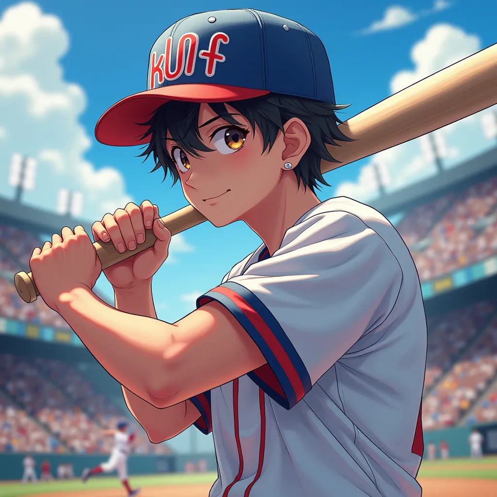 A  is holding a baseball bat and wearing a hat with text "KOF" anime, 