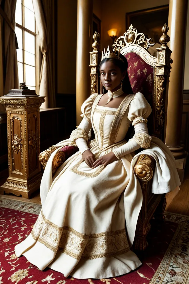 Black-skinned girl with straight black hair with bangs sitting on a royal royal throne wearing a royal princess dress and crown in the 1800s painting style