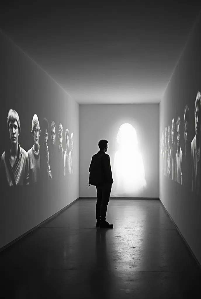 Create a picture in the style of black and white with light інтерʼєр a closed glowing space with deaf walls and floor and ceiling inside a person standing back communicates with the person generated from the projector on the wall as if from the future and ...