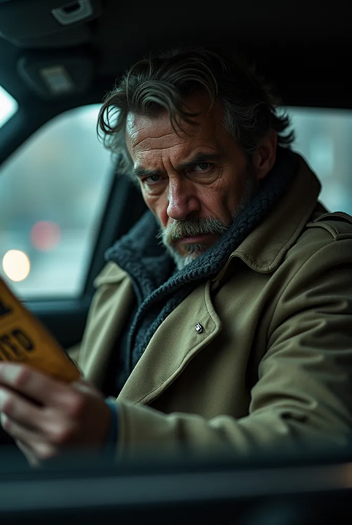 A veteran police detective, wearing a trench coat A zoomed-in shot of his reflection in a police car mirror, his eyes locked on a "WANTED" poster of Leonardo.