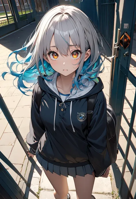 A transfer student walking gracefully through the school gate, ○○ student uniform, Chaos Mask, Beautiful skin texture, Take a big peek, Whimsical, asymmetrical hair, floating hair, hood, crystal hair, expressive hair, tareme, amber eyes, wide eyes, shaded,...